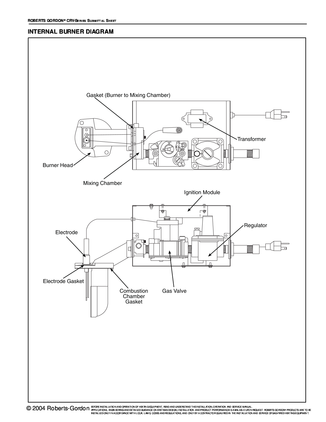 Roberts Gorden CRV-Series Internal Burner Diagram, Gasket Burner to Mixing Chamber Transformer, Combustion, Gas Valve 