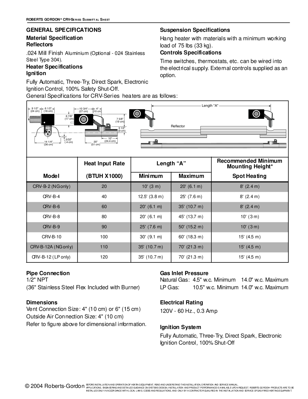 Roberts Gorden CRV-Series service manual General Specifications 