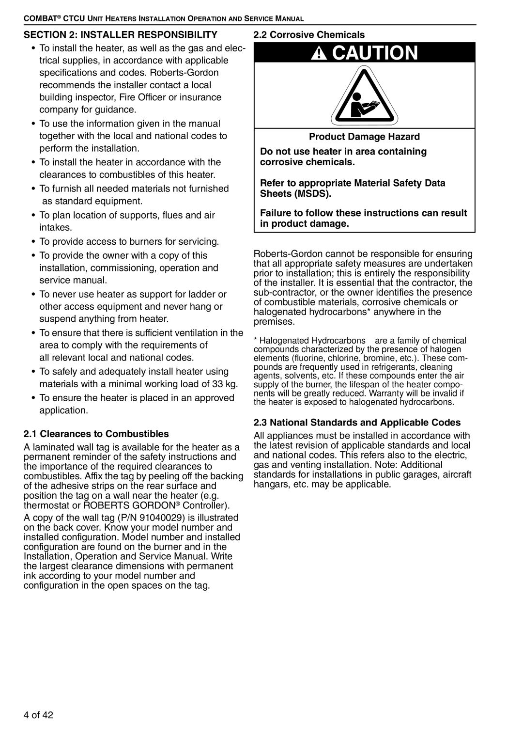 Roberts Gorden CTCU 7 Installer Responsibility, Clearances to Combustibles, National Standards and Applicable Codes 