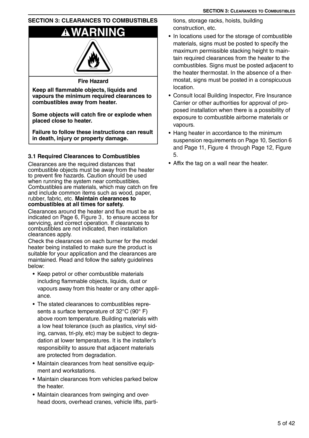 Roberts Gorden CTCU 32, CTCU 27, CTCU 15, CTCU 11, CTCU 22, CTCU 7 service manual Clearances to Combustibles 