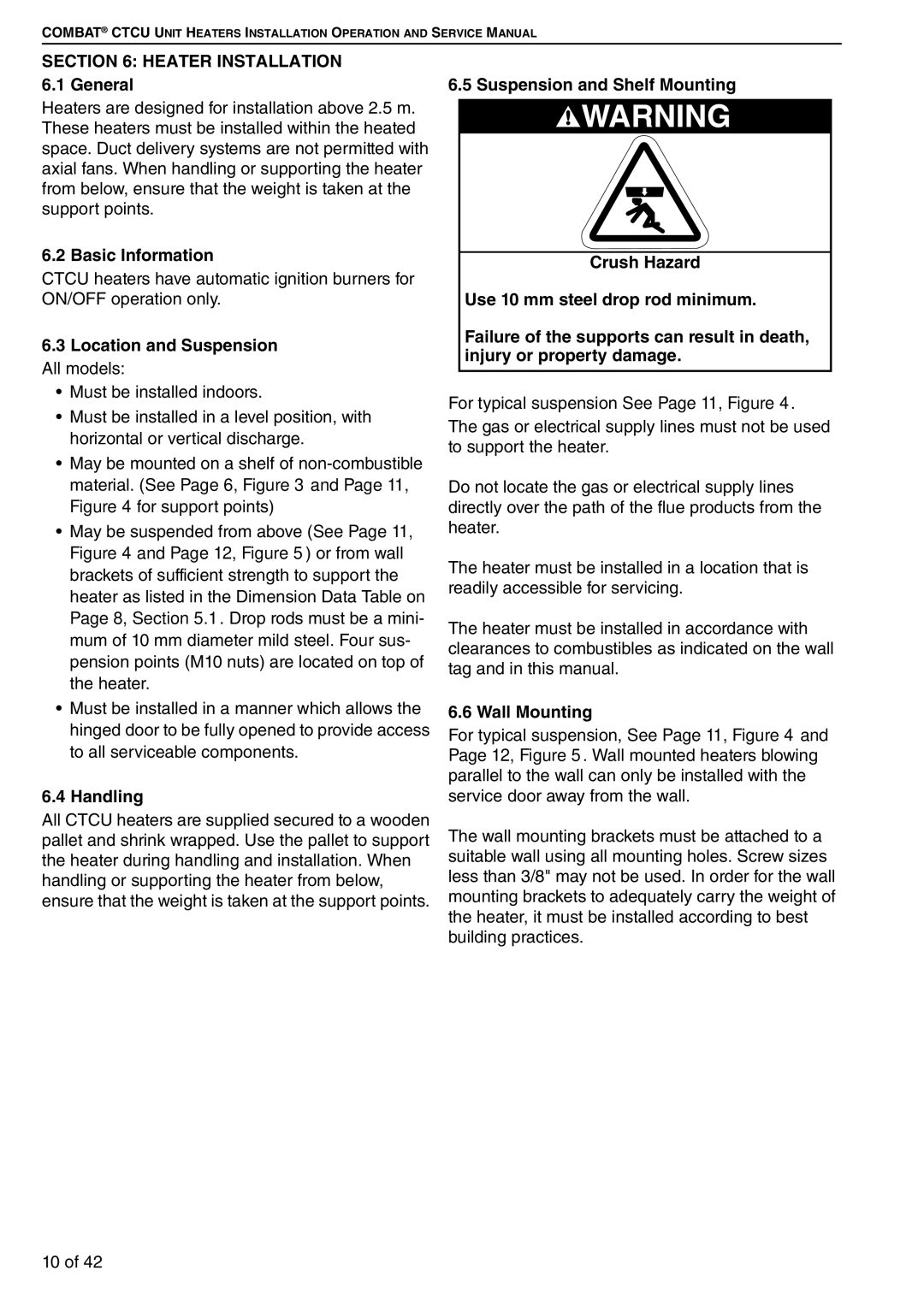 Roberts Gorden CTCU 7, CTCU 27, CTCU 15, CTCU 11 Heater Installation 6.1 General, Basic Information, Handling, Wall Mounting 