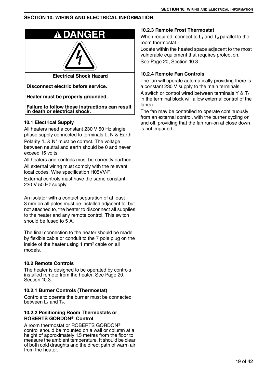 Roberts Gorden CTCU 15 Wiring and Electrical Information, Remote Controls, Burner Controls Thermostat, Remote Fan Controls 