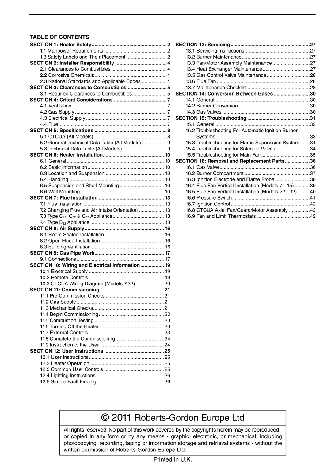 Roberts Gorden CTCU 22, CTCU 27, CTCU 15, CTCU 11, CTCU 7, CTCU 32 service manual Table of Contents 