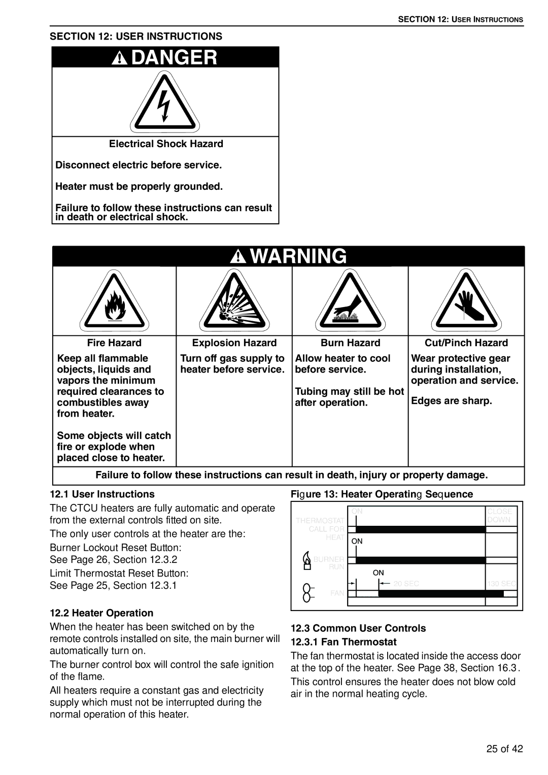 Roberts Gorden CTCU 15, CTCU 27, CTCU 11 User Instructions, Heater Operation, Common User Controls 12.3.1 Fan Thermostat 