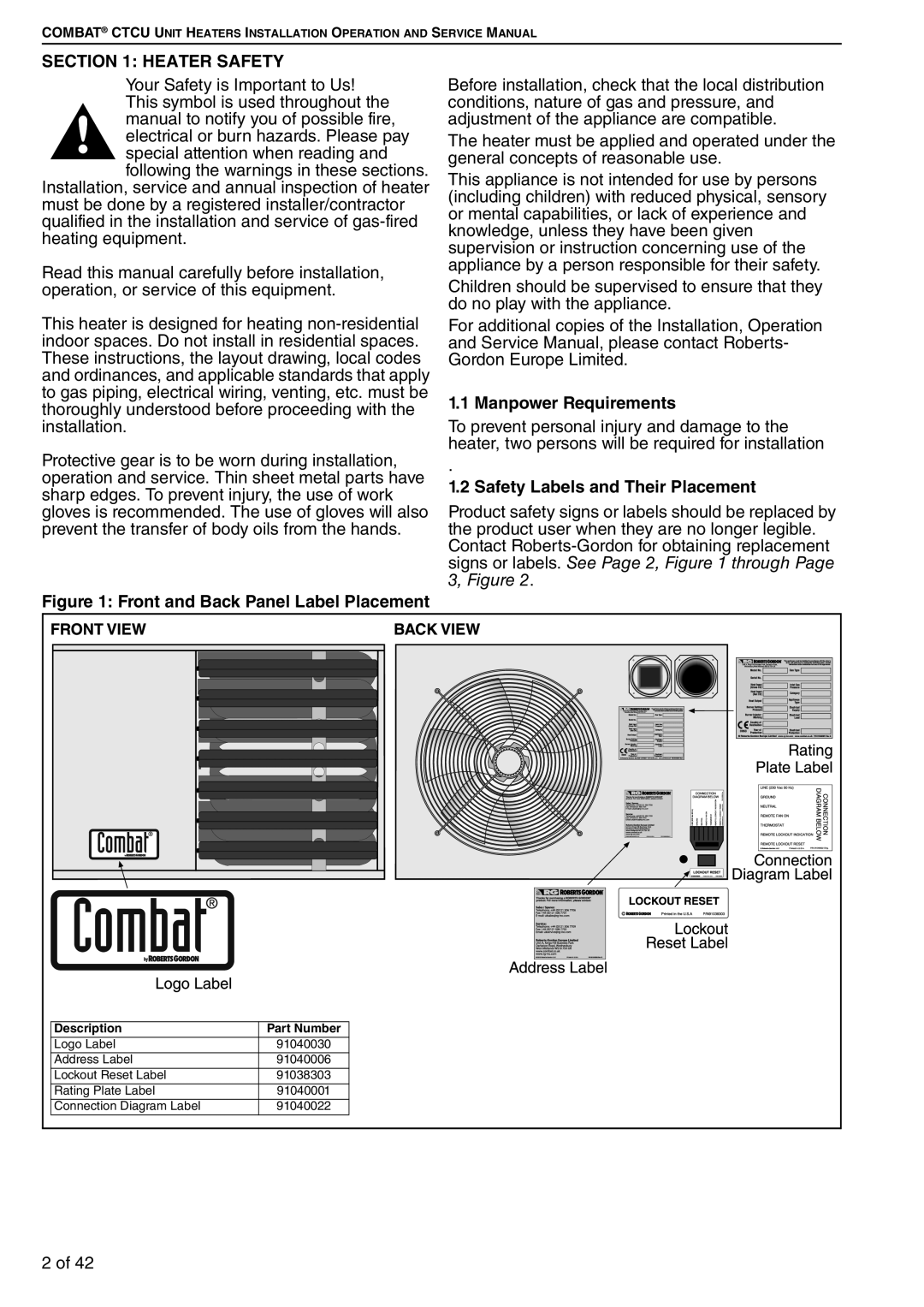 Roberts Gorden CTCU 11, CTCU 27, CTCU 15, CTCU 22 Heater Safety, Manpower Requirements, Safety Labels and Their Placement 