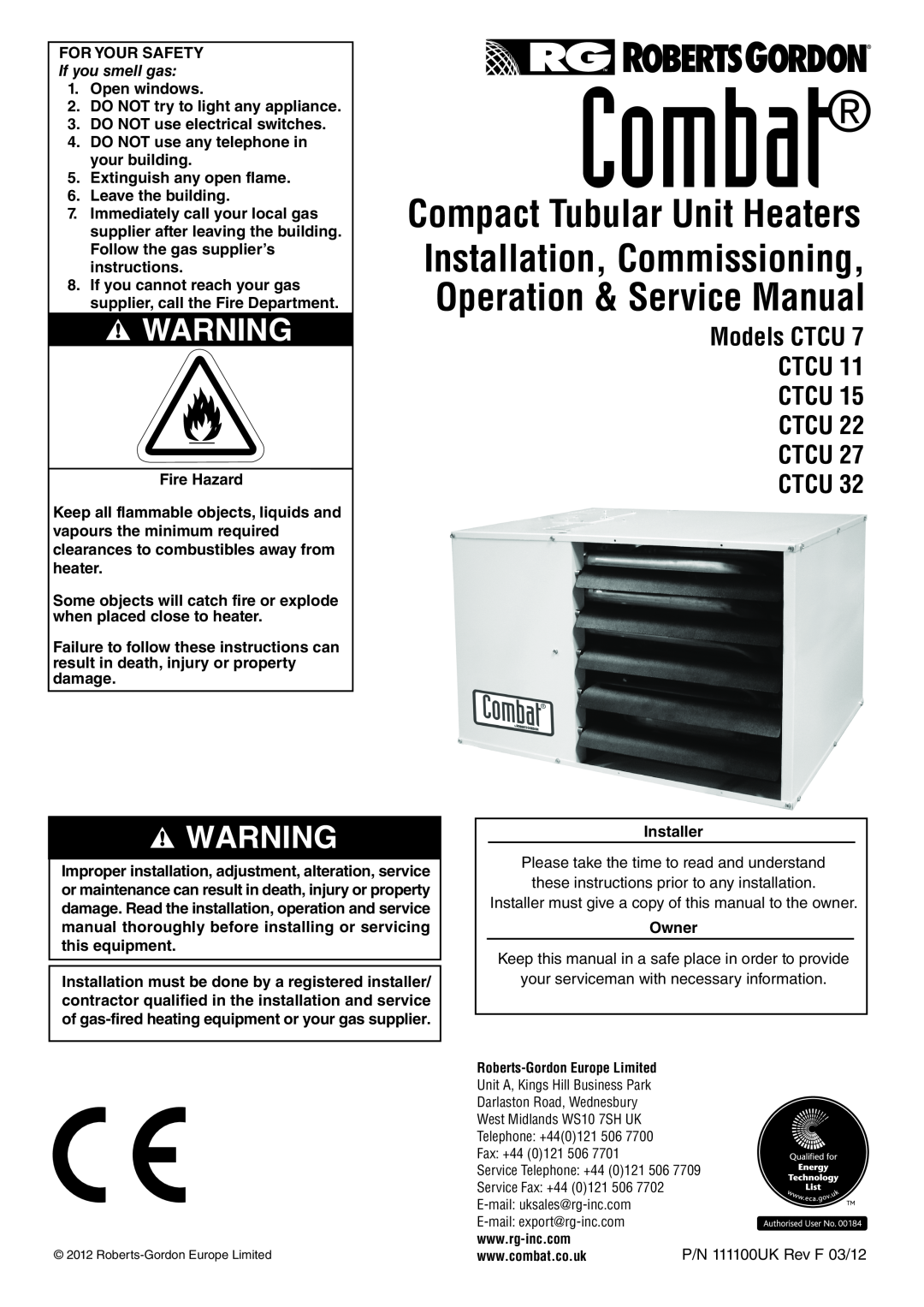 Roberts Gorden service manual mbat, Installation, Commissioning, Compact Tubular Unit Heaters, Models CTCU, Ctcu 