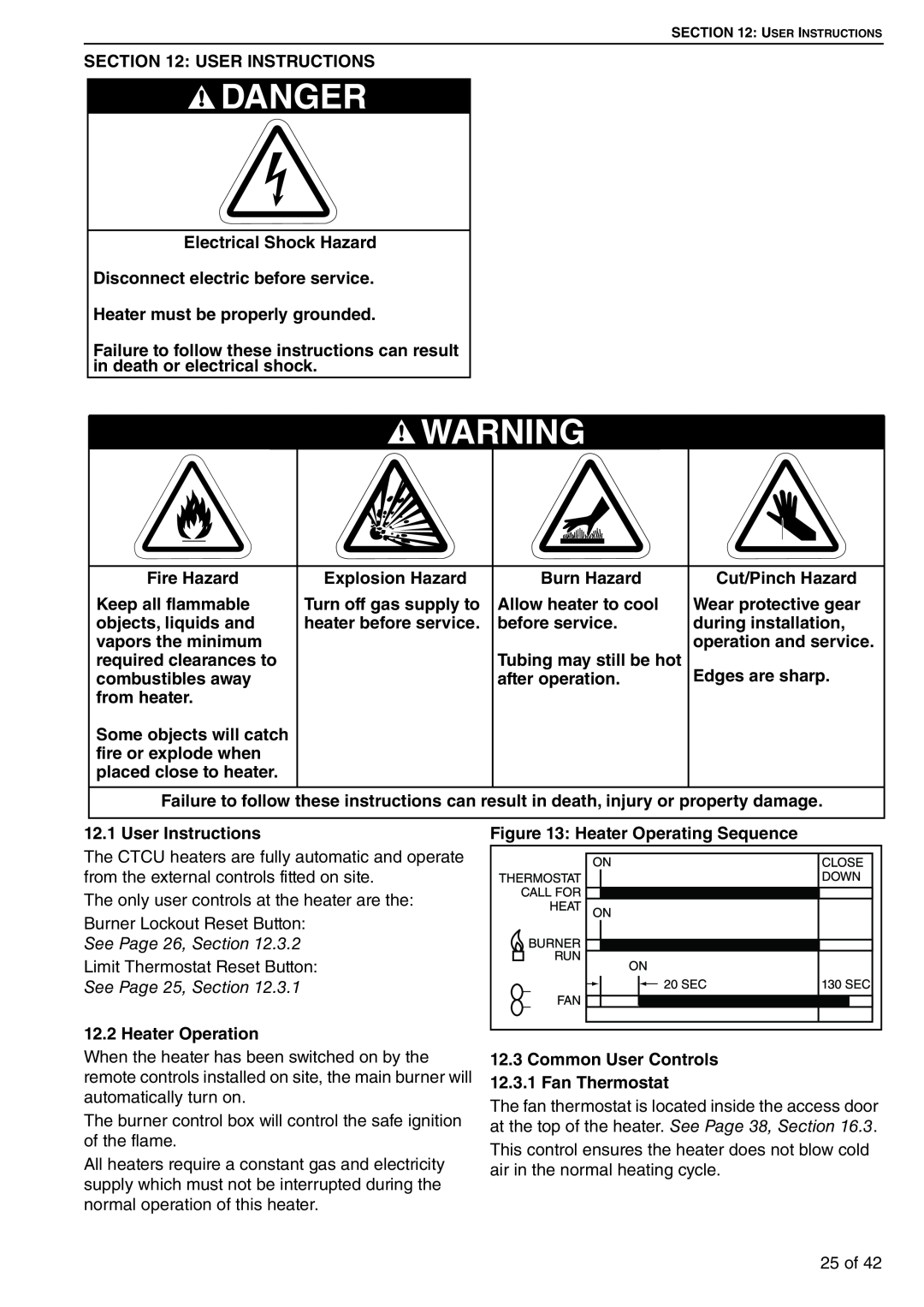 Roberts Gorden CTCU 15 User Instructions, Explosion Hazard, Burn Hazard, Keep all flammable, Turn off gas supply to 