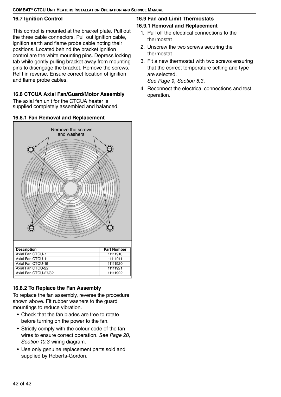 Roberts Gorden CTCU 27, CTCU 15, CTCU 7 Ignition Control, CTCUA Axial Fan/Guard/Motor Assembly, Fan Removal and Replacement 