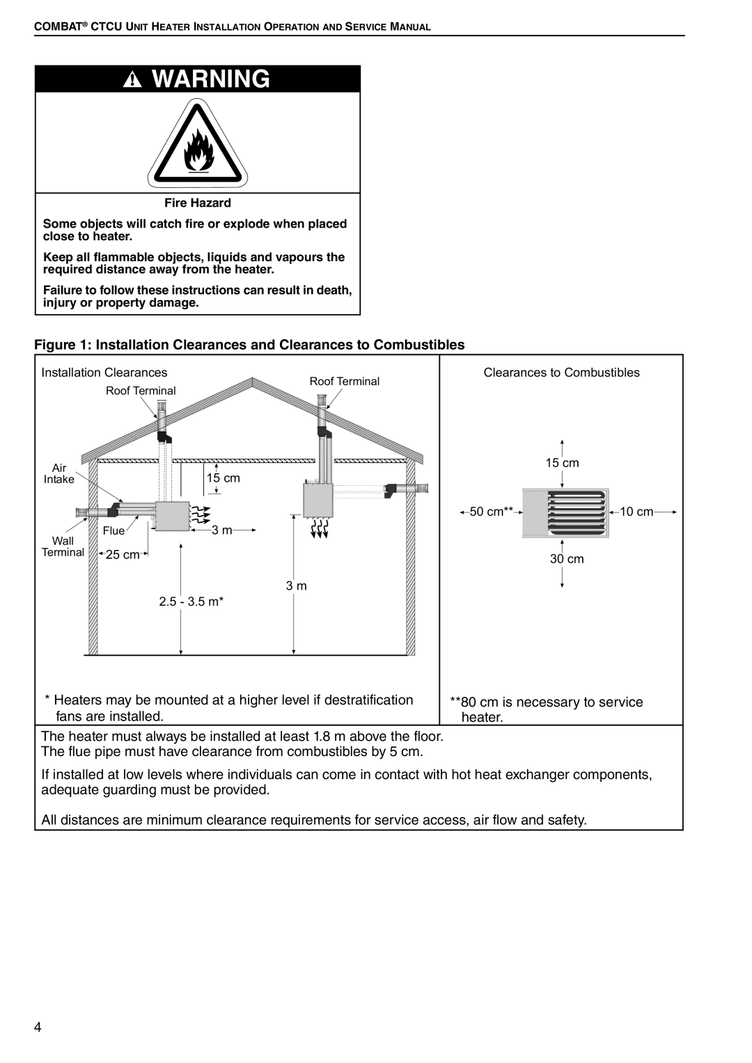 Roberts Gorden CTCU 22, CTCU 27, CTCU 15, CTCU 11, CTCU 7 service manual Installation Clearances and Clearances to Combustibles 