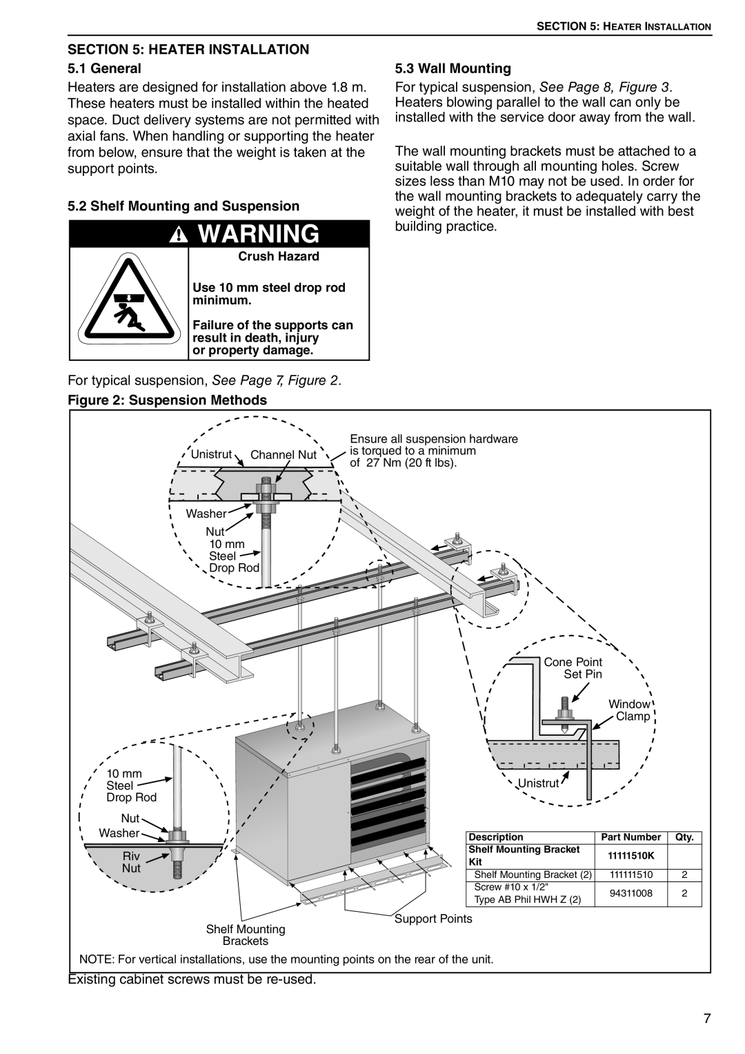 Roberts Gorden CTCU 27, CTCU 15, CTCU 11, CTCU 22, CTCU 7 Heater Installation 5.1 General, Shelf Mounting and Suspension 