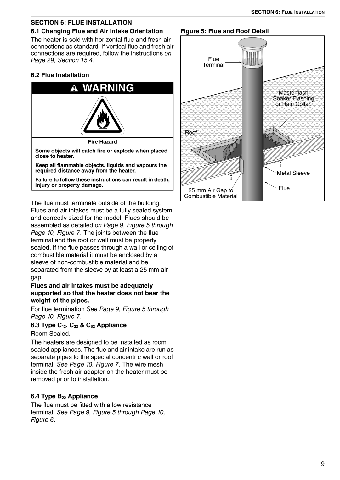 Roberts Gorden CTCU 11, CTCU 27, CTCU 15 Flue Installation, Changing Flue and Air Intake Orientation, Type B22 Appliance 