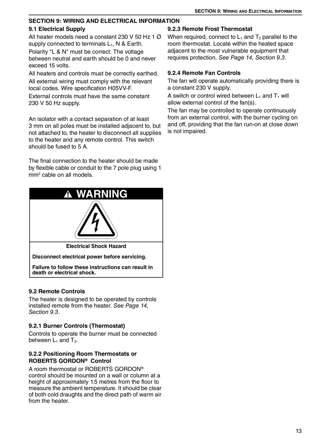 Roberts Gorden CTCU Wiring and Electrical Information, Remote Controls, Burner Controls Thermostat, Remote Fan Controls 