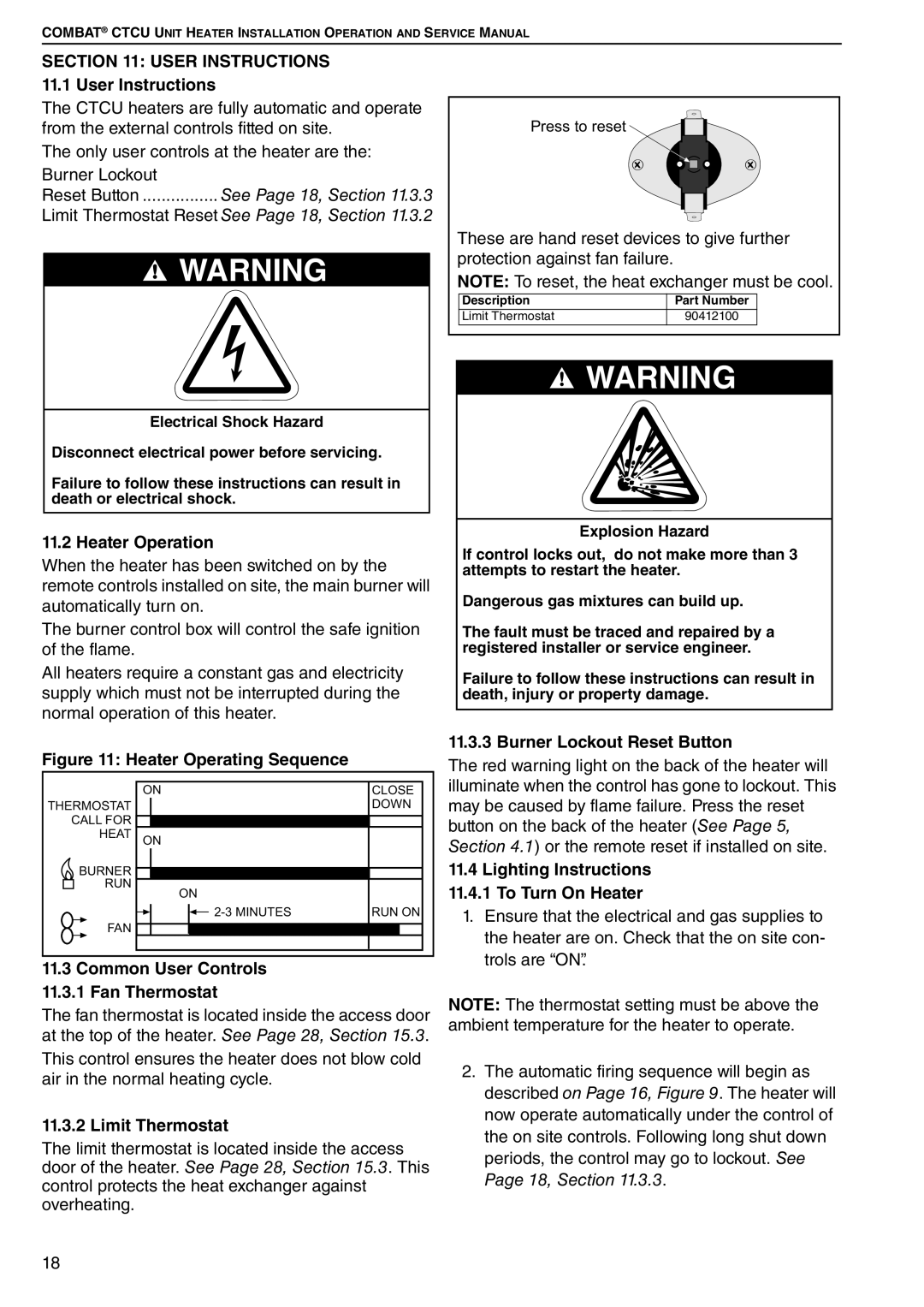 Roberts Gorden CTCU 27, CTCU 15, CTCU 11 Heater Operation, Common User Controls 11.3.1 Fan Thermostat, Limit Thermostat 