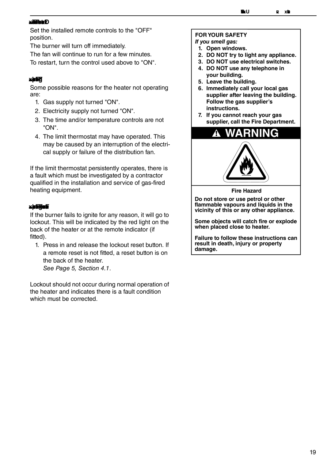 Roberts Gorden CTCU 27, CTCU 15, CTCU 11, CTCU 22, CTCU 7 To Turn the Heater Off, Simple Fault Finding Burner Faults 