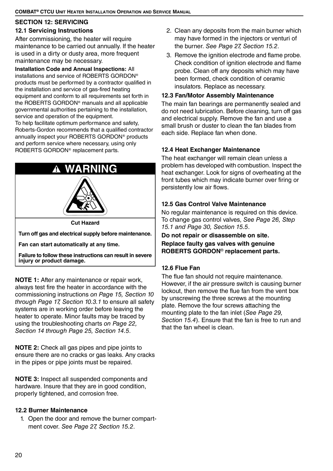 Roberts Gorden CTCU 15 Servicing 12.1 Servicing Instructions, Burner Maintenance, 12.3 Fan/Motor Assembly Maintenance 