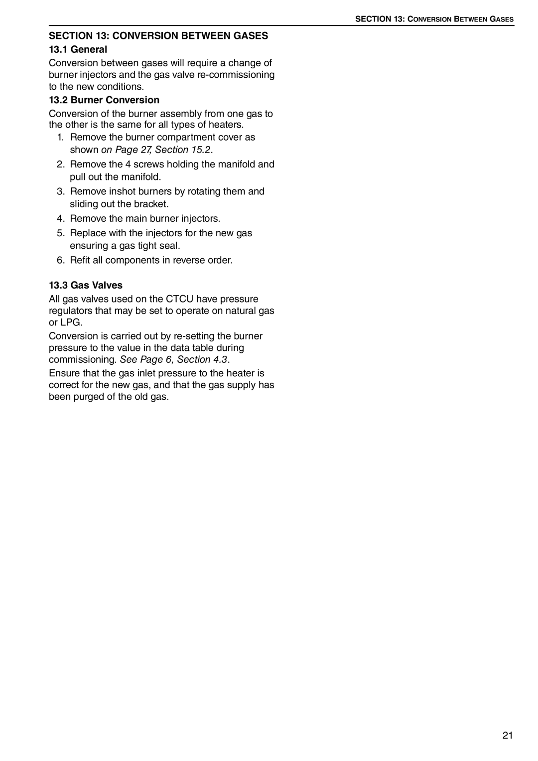 Roberts Gorden CTCU 11, CTCU 27, CTCU 15, CTCU 22 Conversion Between Gases 13.1 General, Burner Conversion, Gas Valves 