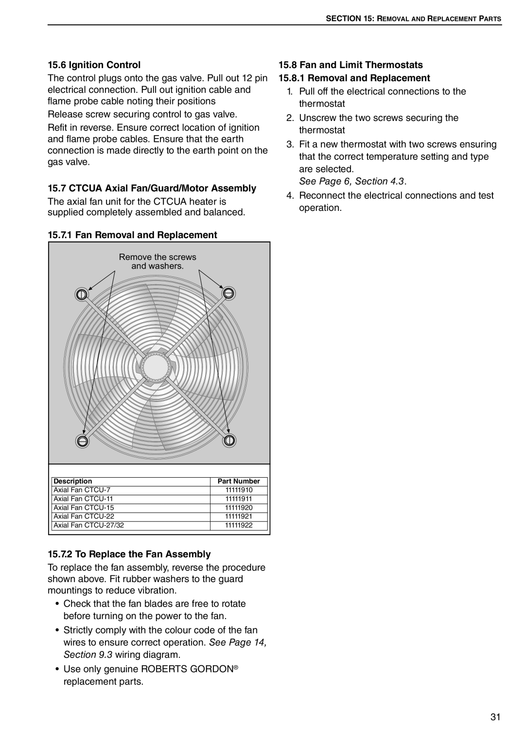 Roberts Gorden CTCU 27, CTCU 15 Ignition Control, Ctcua Axial Fan/Guard/Motor Assembly, Fan Removal and Replacement 