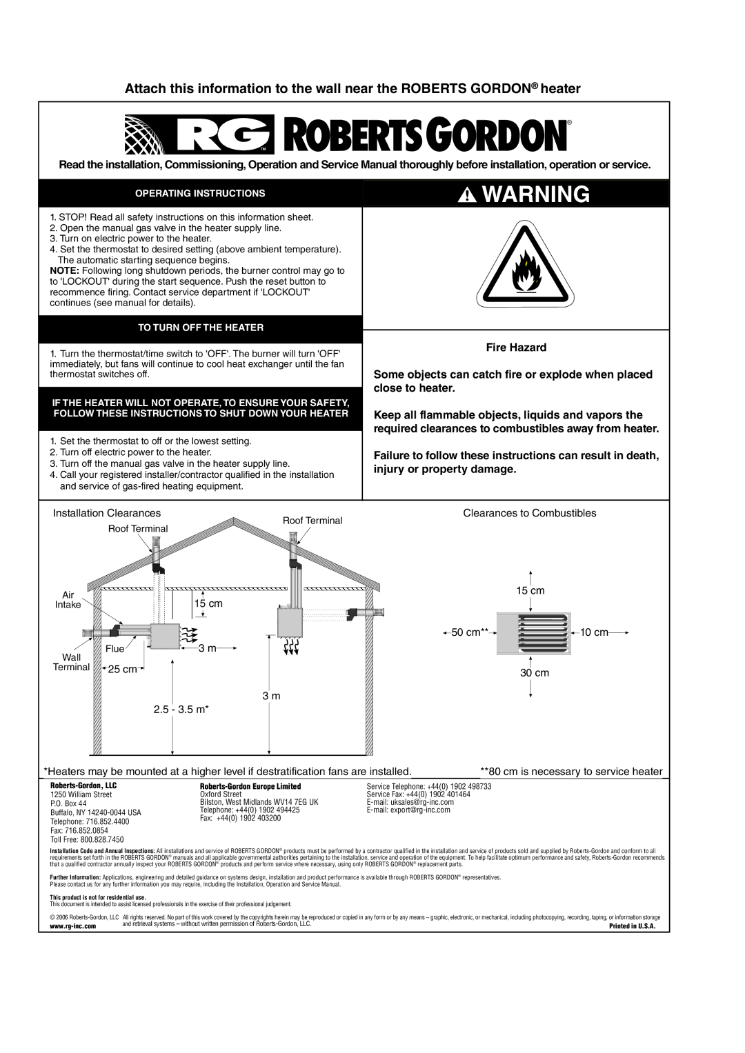 Roberts Gorden CTCU 22, CTCU 27, CTCU 15, CTCU 11, CTCU 7 service manual Some objects can catch fire or explode when placed 