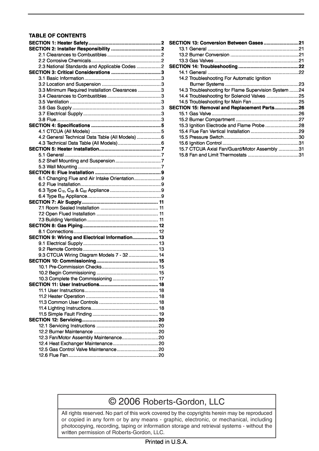 Roberts Gorden CTCU 11, CTCU 27, CTCU 15, CTCU 22, CTCU 7 service manual Roberts-Gordon,LLC, Table Of Contents 