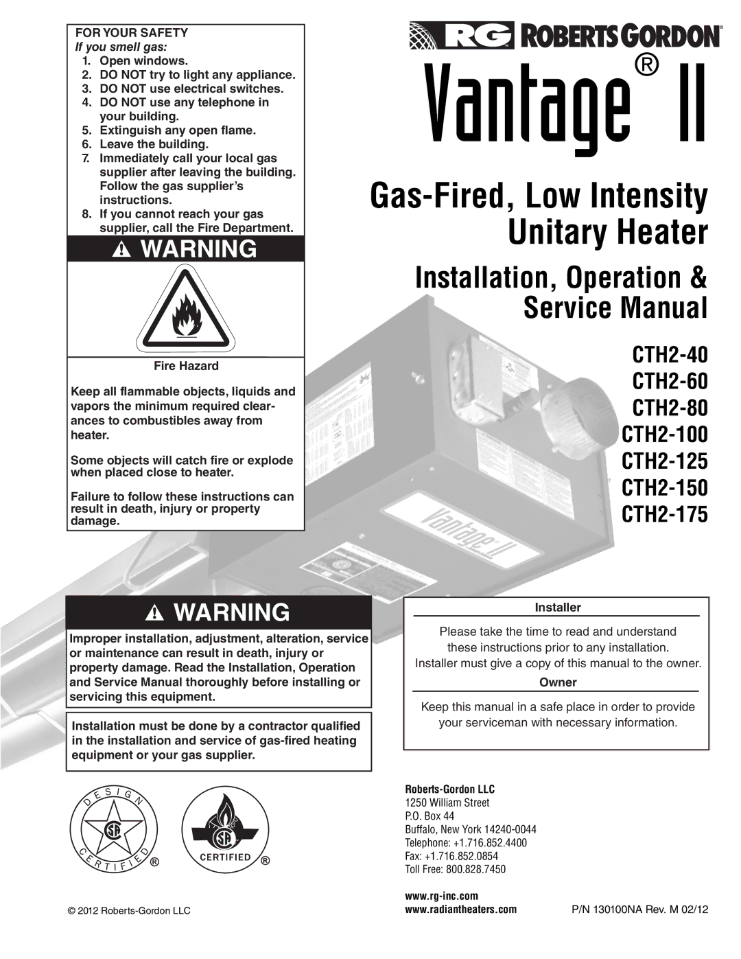 Roberts Gorden CTH2-80, CTH2-125, CTH2-100, CTH2-150, CTH2-175, CTH2-40 CTH2-60 service manual Vantage 