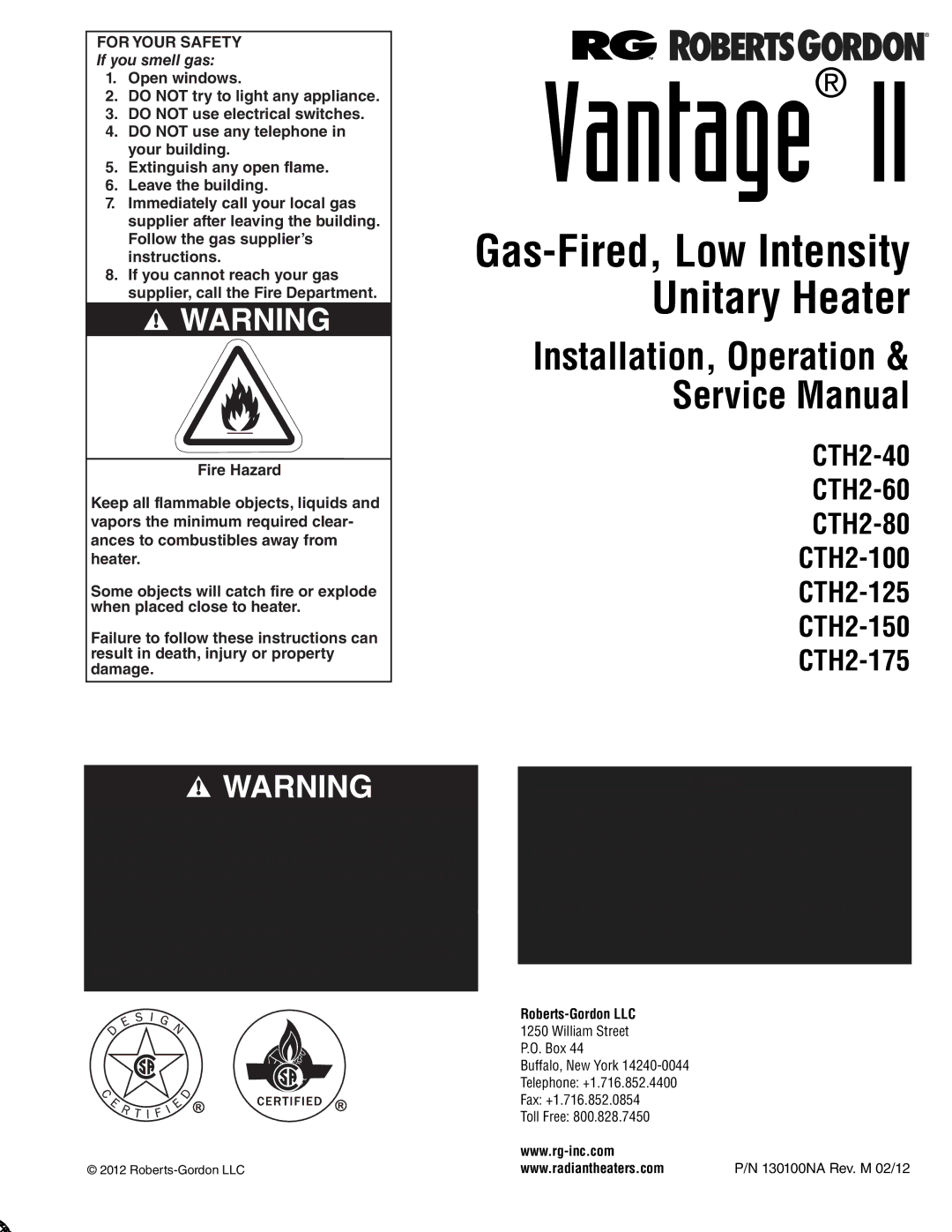 Roberts Gorden CTH2-100, CTH2-125, CTH2-80, CTH2-150, CTH2-175, CTH2-40 CTH2-60 service manual 