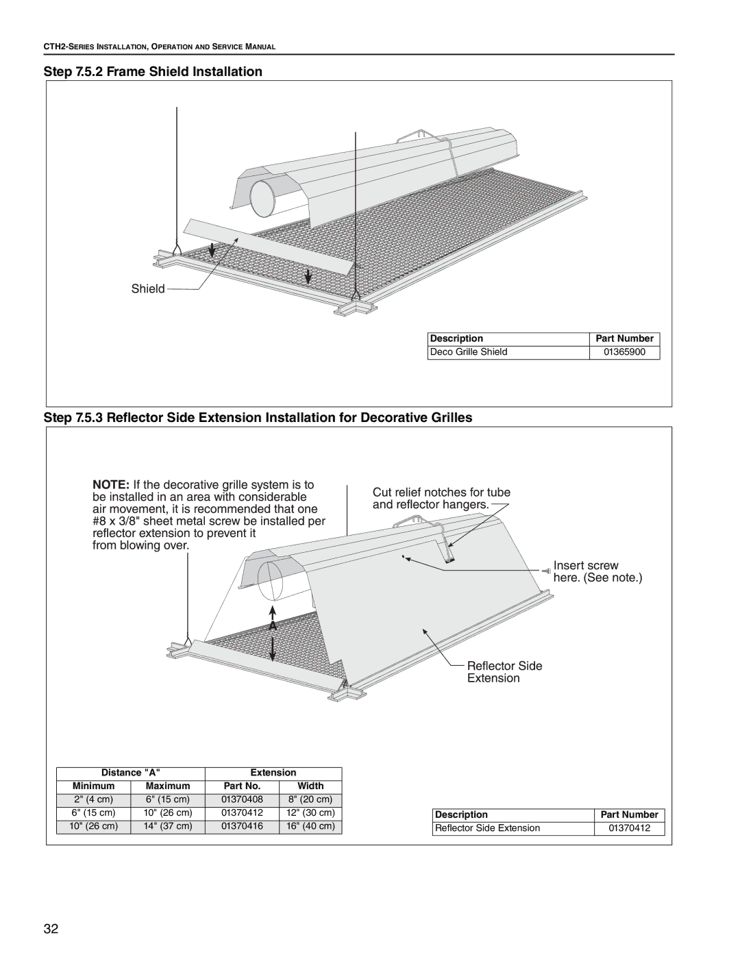 Roberts Gorden CTH2-100, CTH2-125, CTH2-80, CTH2-150, CTH2-175 service manual Frame Shield Installation, Distance a Extension 