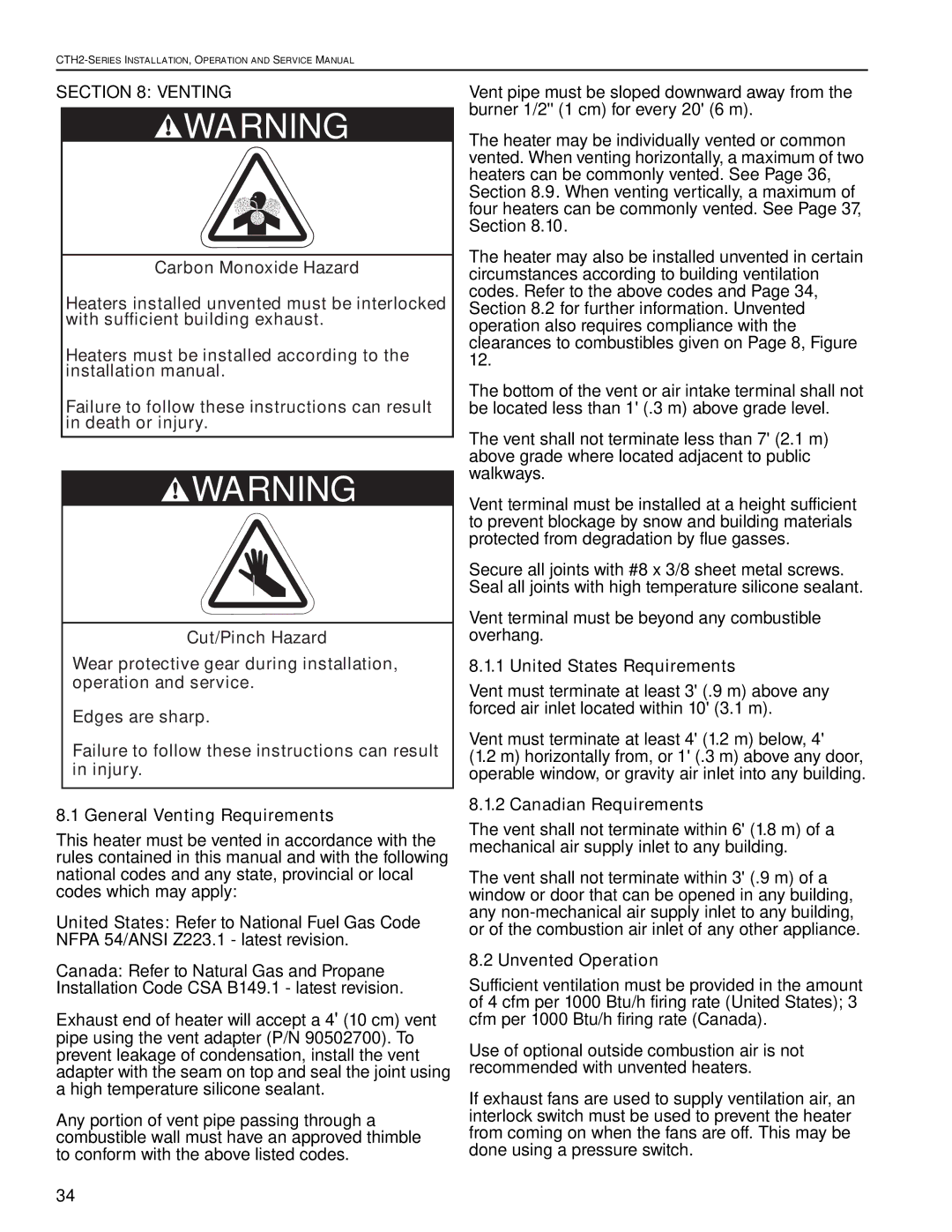 Roberts Gorden CTH2-175, CTH2-125, CTH2-80 General Venting Requirements, United States Requirements, Canadian Requirements 