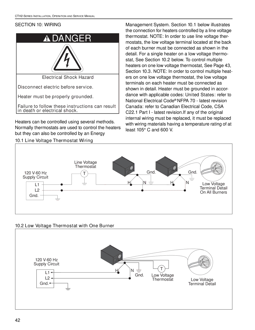 Roberts Gorden CTH2-125, CTH2-80, CTH2-100 Line Voltage Thermostat Wiring, Low Voltage Thermostat with One Burner 