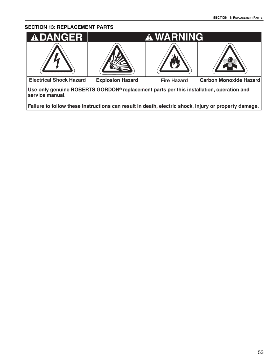 Roberts Gorden CTH2-40 CTH2-60, CTH2-125, CTH2-80, CTH2-100, CTH2-150, CTH2-175 service manual Replacement Parts 