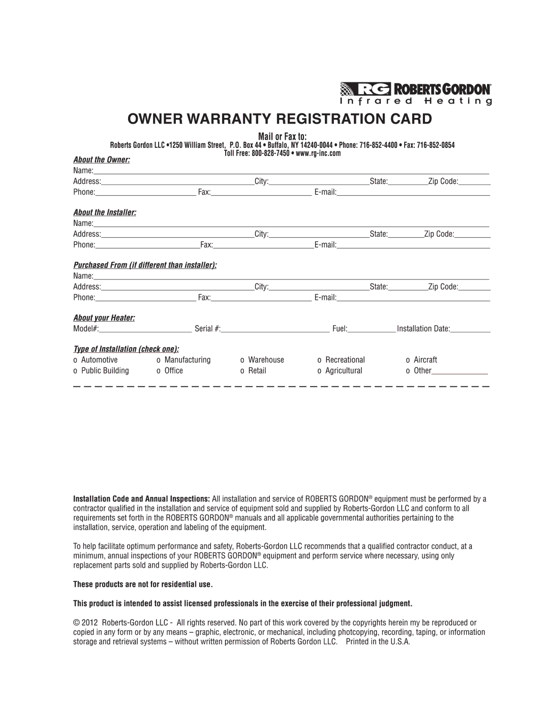 Roberts Gorden CTH2-40 CTH2-60, CTH2-125, CTH2-80, CTH2-100, CTH2-150, CTH2-175 service manual 