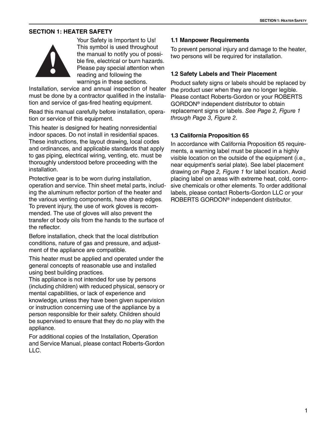 Roberts Gorden CTH2-80 Heater Safety, Manpower Requirements, Safety Labels and Their Placement, California Proposition 