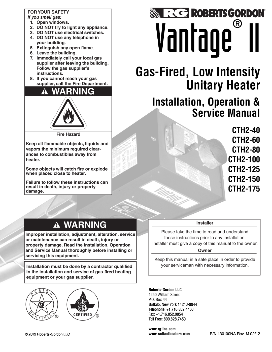 Roberts Gorden CTH2-80 service manual Vantage, Gas-Fired,Low Intensity, Unitary Heater, Installation, Operation, CTH2-40 