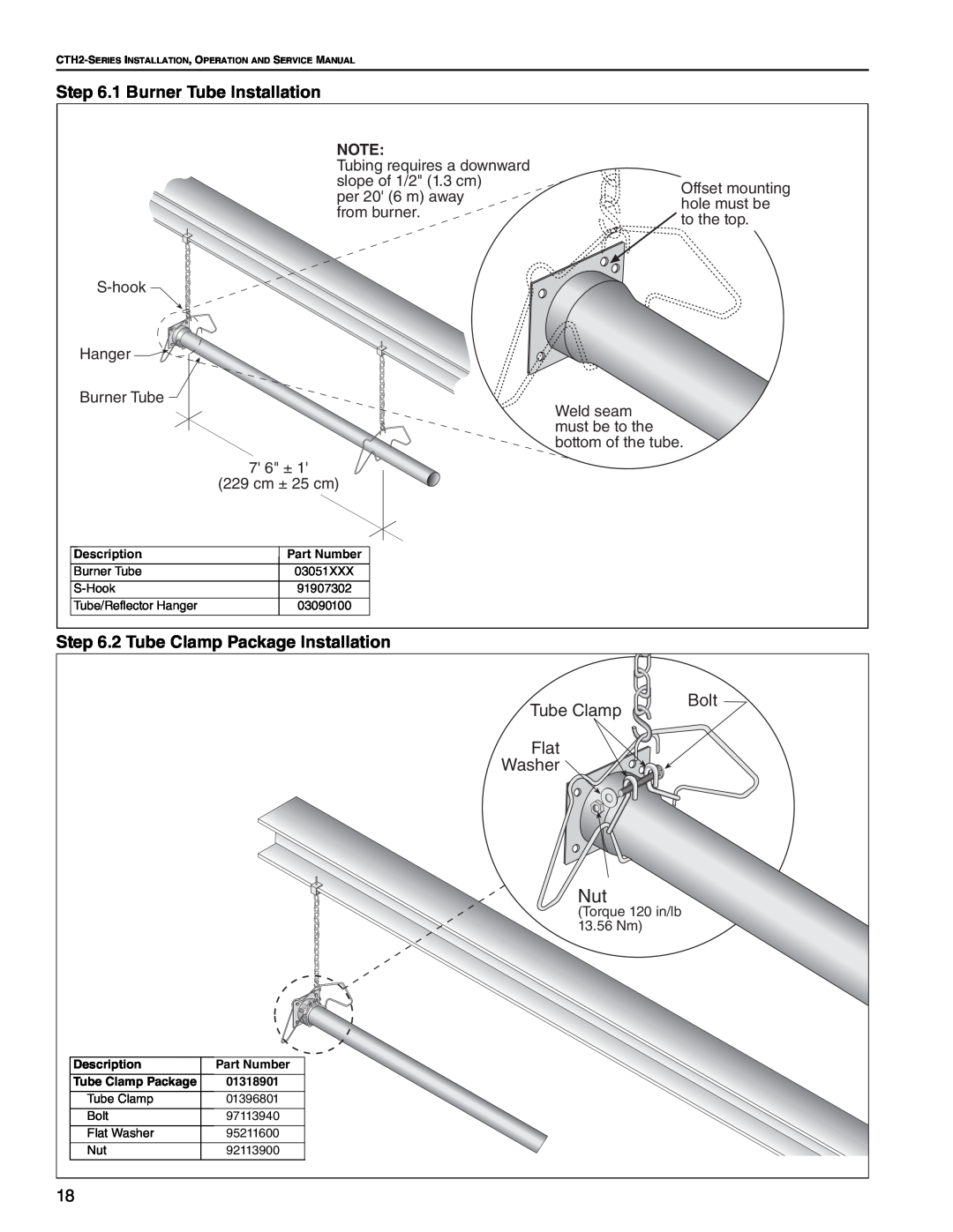 Roberts Gorden CTH2-125, CTH2-80 1 Burner Tube Installation, 2 Tube Clamp Package Installation, Bolt, Flat, Washer 