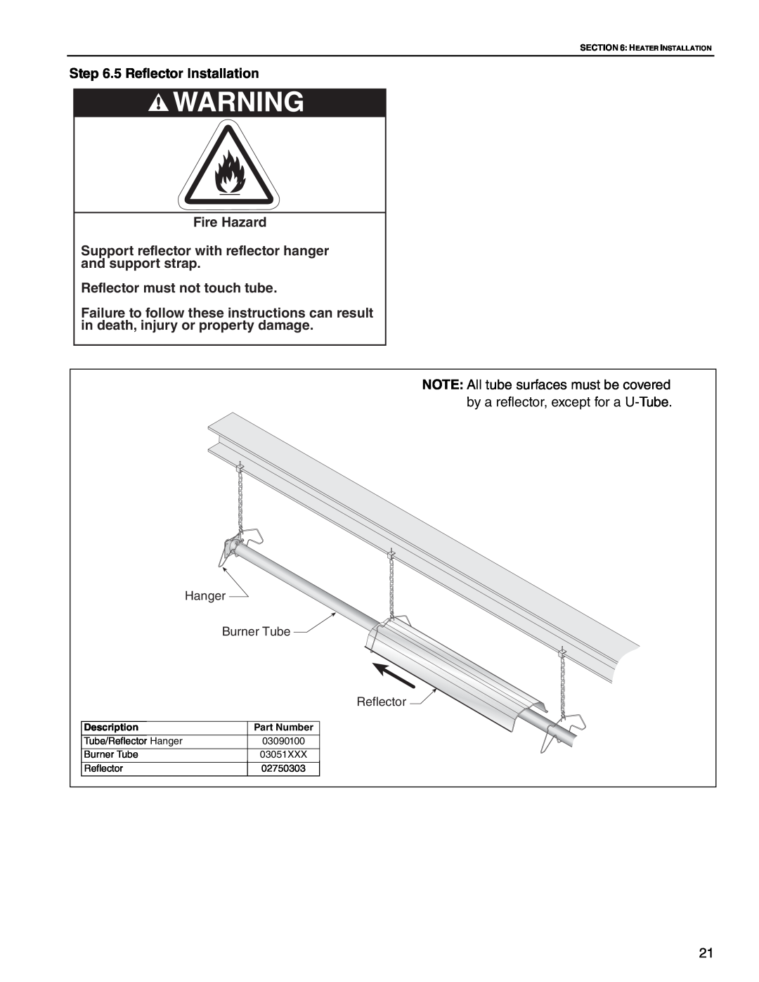 Roberts Gorden CTH2-150 5 Reflector Installation, Fire Hazard, Reflector must not touch tube, Description, Part Number 