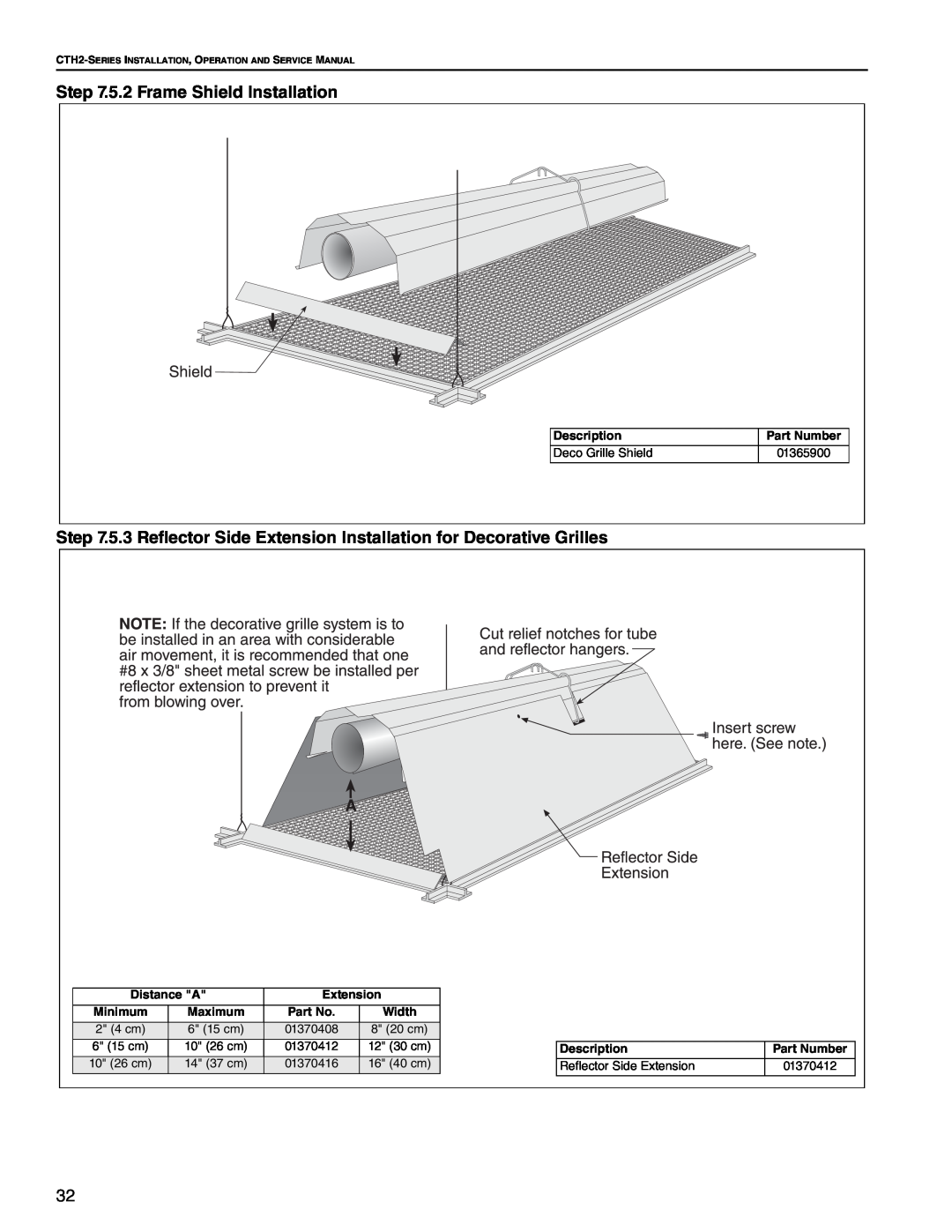 Roberts Gorden CTH2-100 5.2 Frame Shield Installation, Description, Distance A, Extension, Part Number, Minimum, Maximum 