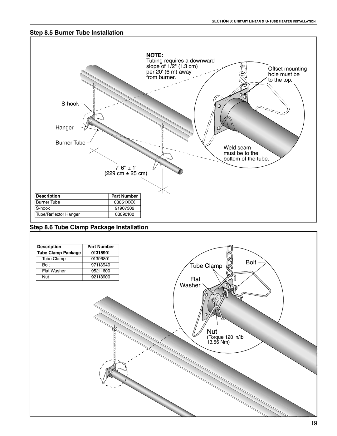 Roberts Gorden CTHN-100, CTHN-200 Burner Tube Installation, Tube Clamp Package Installation, Description Part Number 