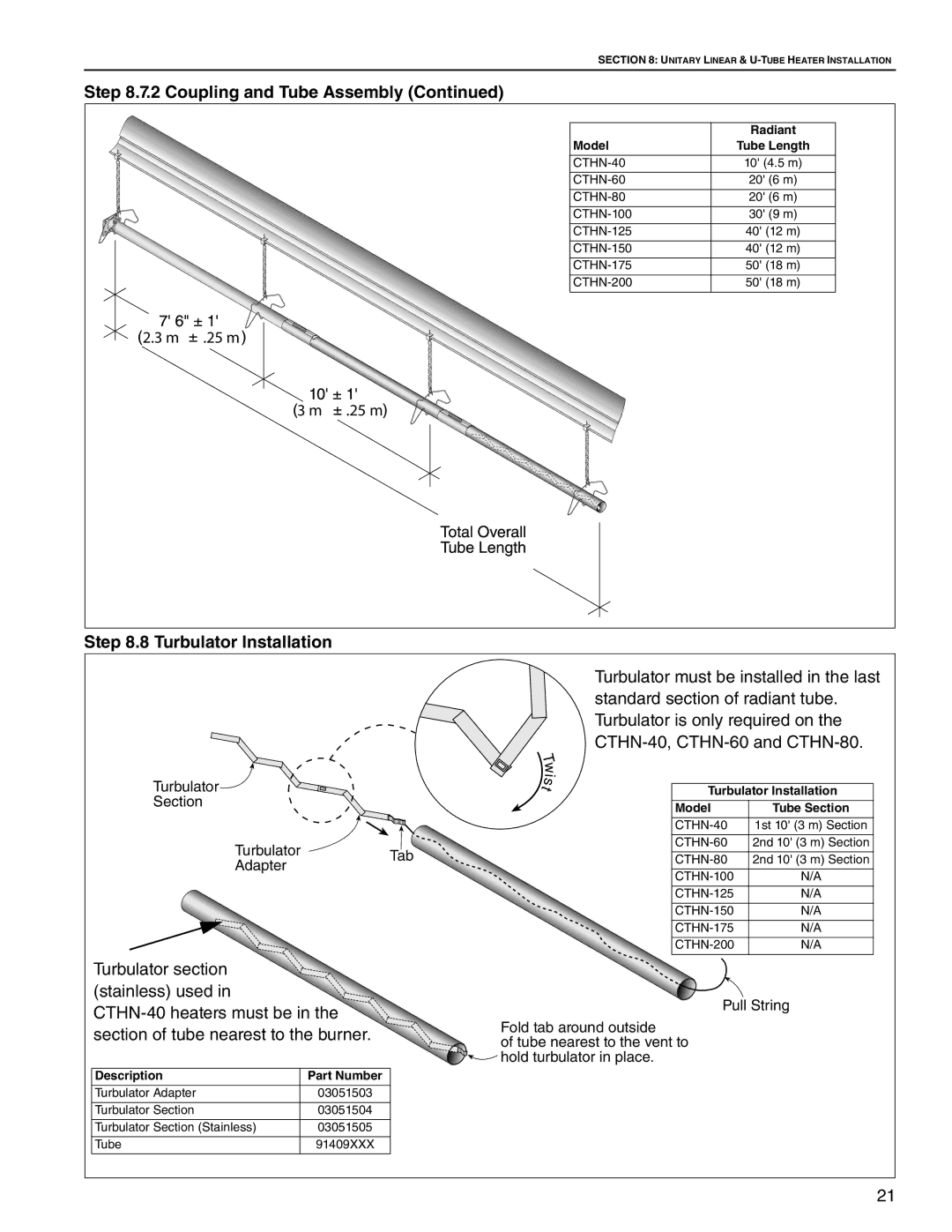 Roberts Gorden CTHN-125, CTHN-200, CTHN-100, CTHN-40, CTHN-80 Coupling and Tube Assembly, Turbulator Installation, Model 