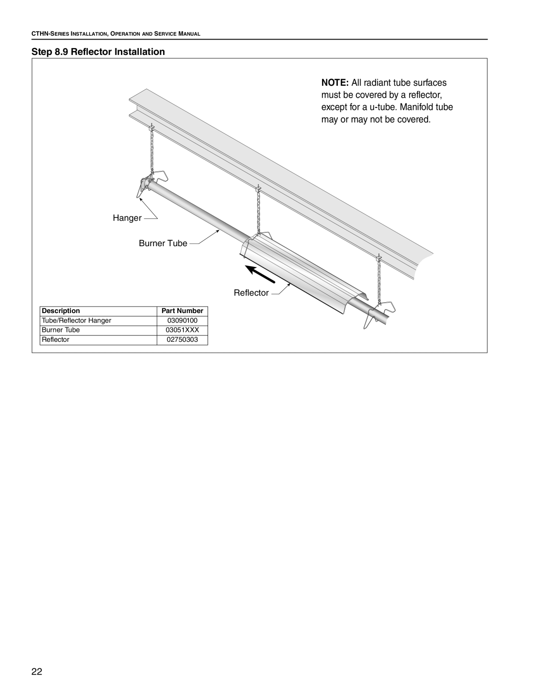 Roberts Gorden CTHN-80, CTHN-200, CTHN-100, CTHN-40, CTHN-125, CTHN-175 Reflector Installation, Hanger Burner Tube Reflector 