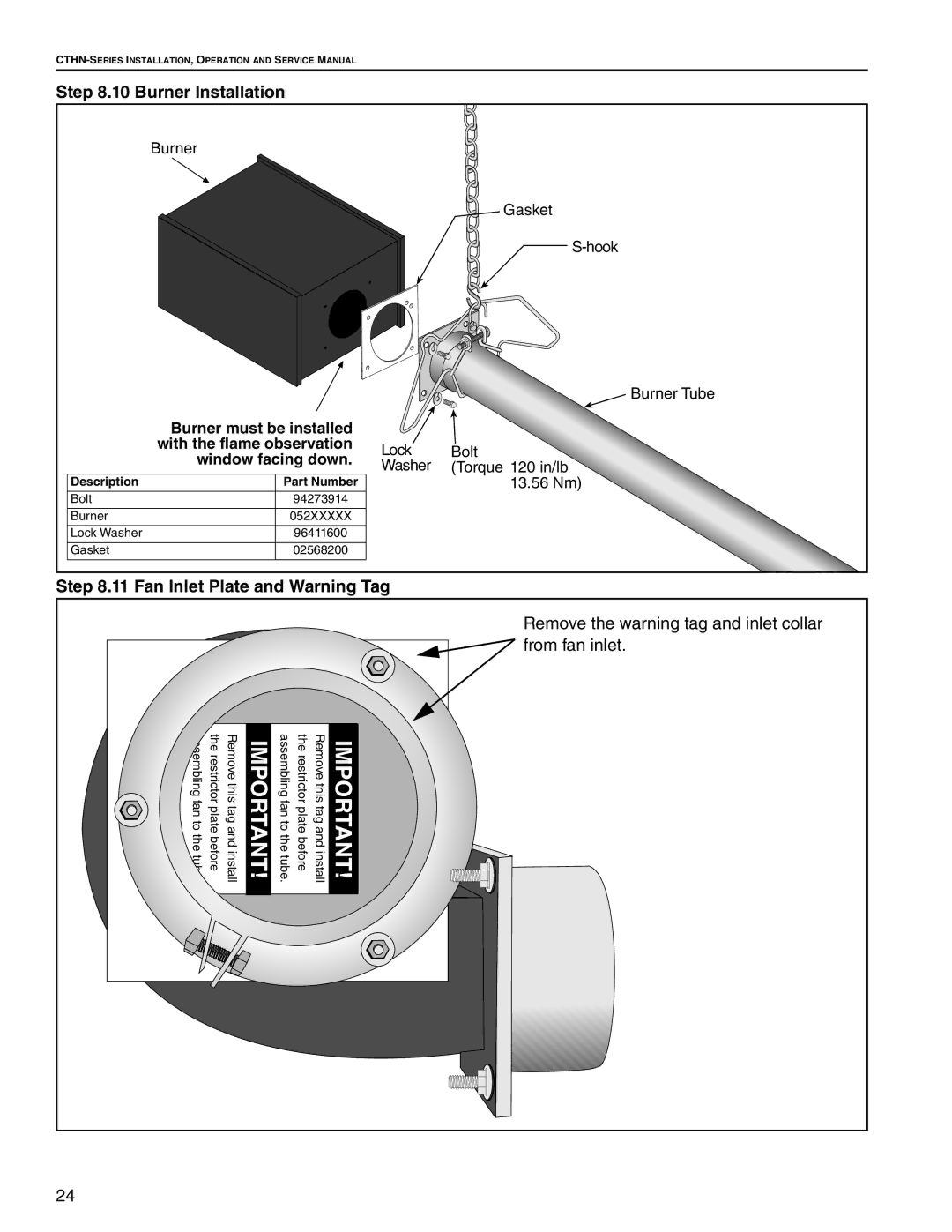 Roberts Gorden CTHN-150, CTHN-200, CTHN-40 Burner Installation, Fan Inlet Plate and Warning Tag, With the flame observation 