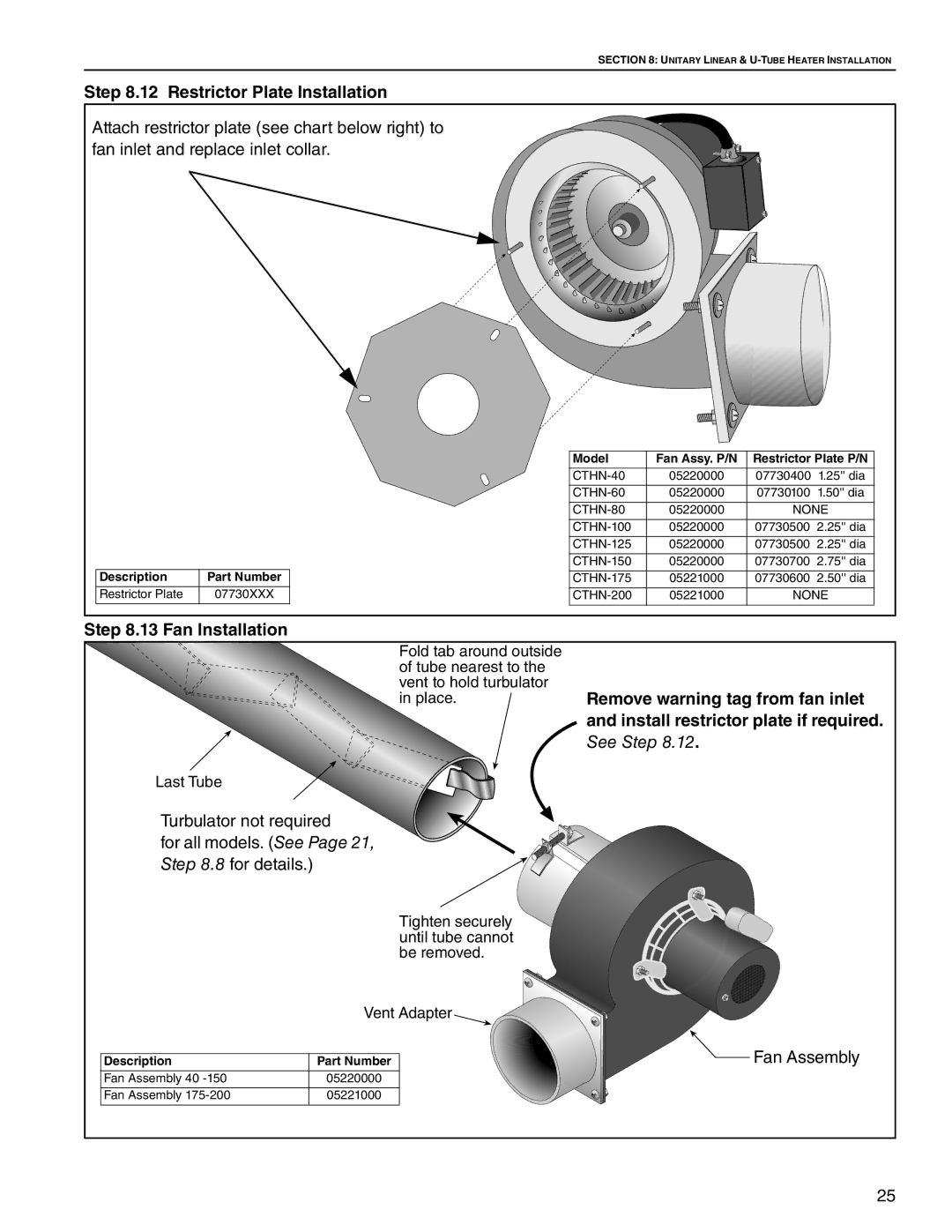 Roberts Gorden CTHN-60, CTHN-200, CTHN-100, CTHN-40 Restrictor Plate Installation, Fan Installation, Model Fan Assy. P/N 