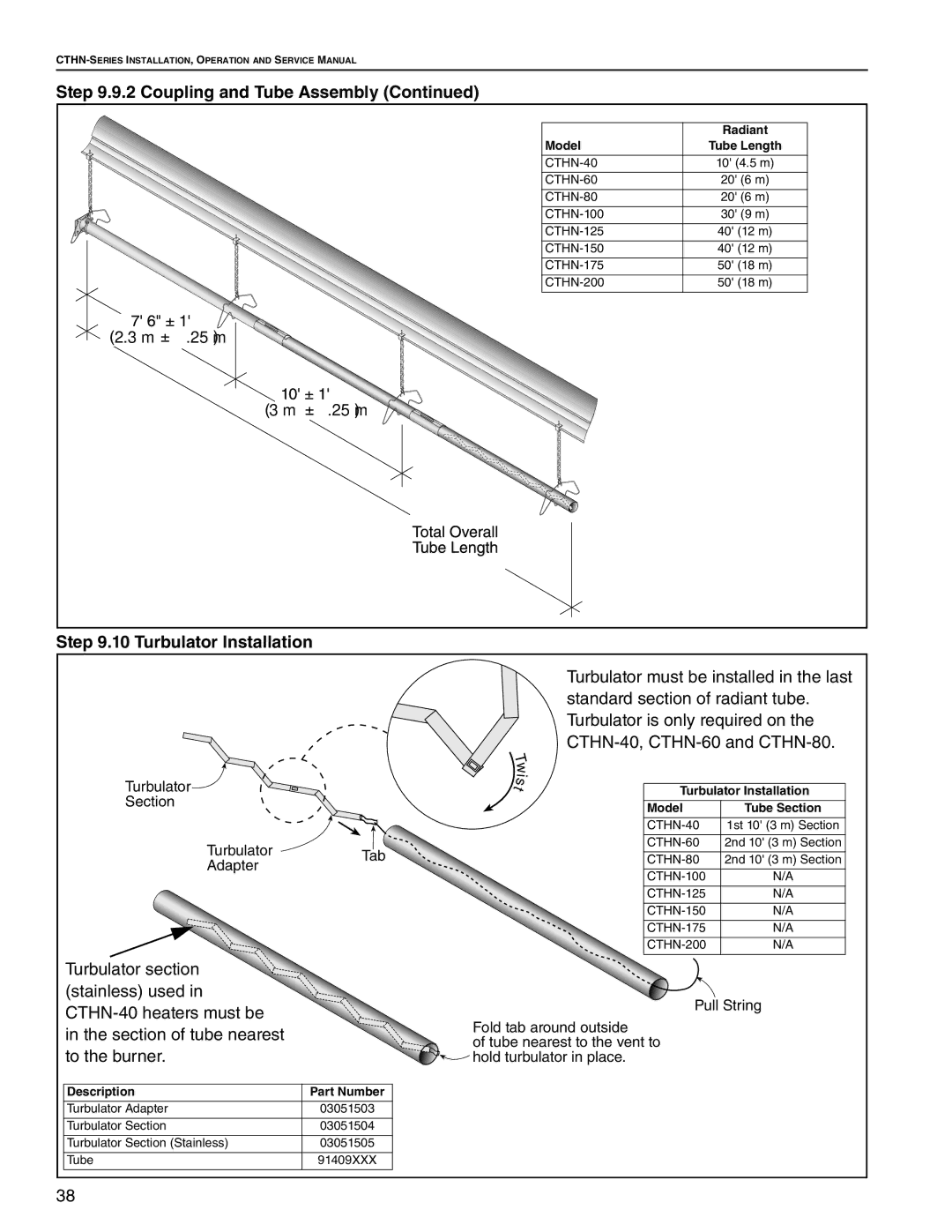 Roberts Gorden CTHN-80, CTHN-200, CTHN-100, CTHN-40, CTHN-125, CTHN-175 Coupling and Tube Assembly, Turbulator Installation 