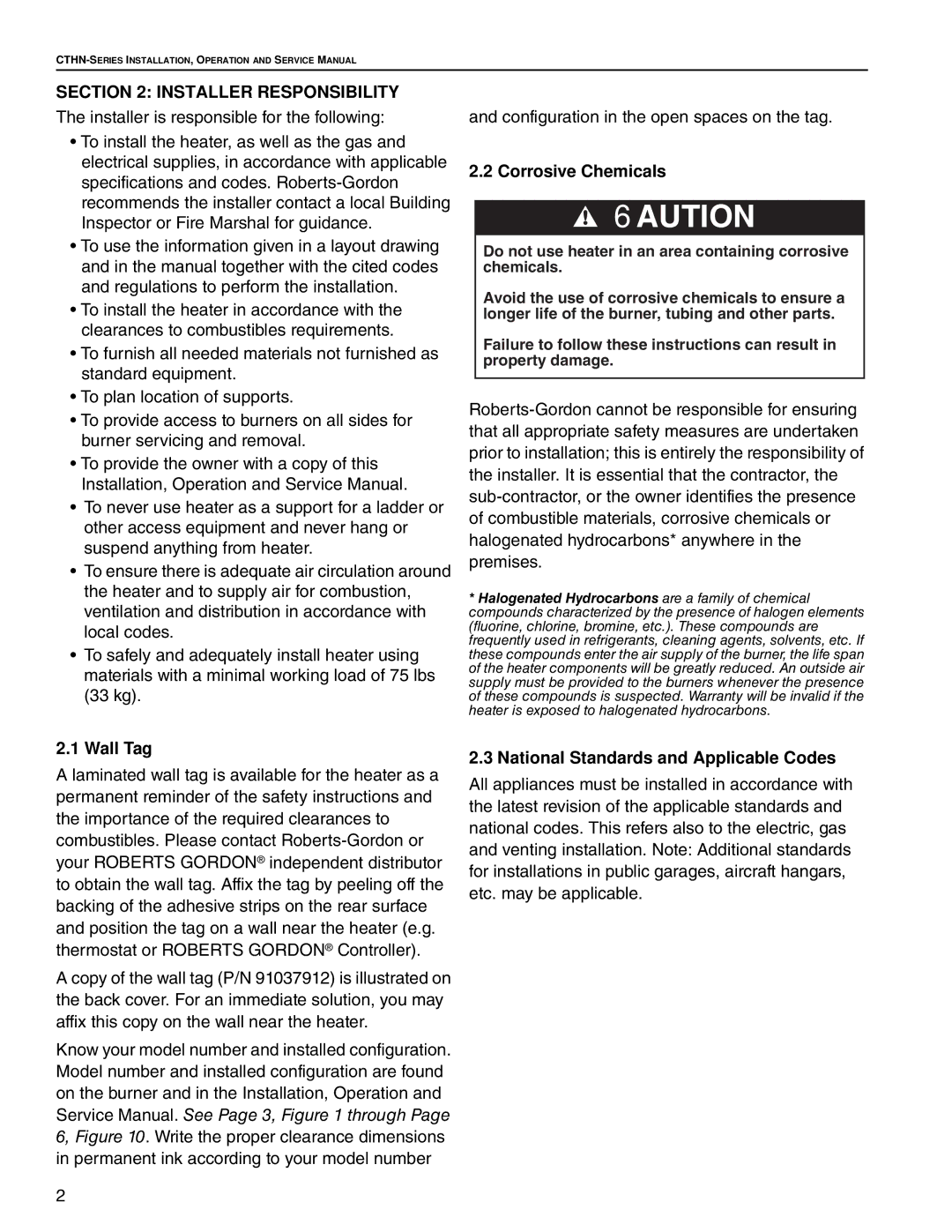 Roberts Gorden CTHN-200 Installer Responsibility, Wall Tag, Corrosive Chemicals, National Standards and Applicable Codes 