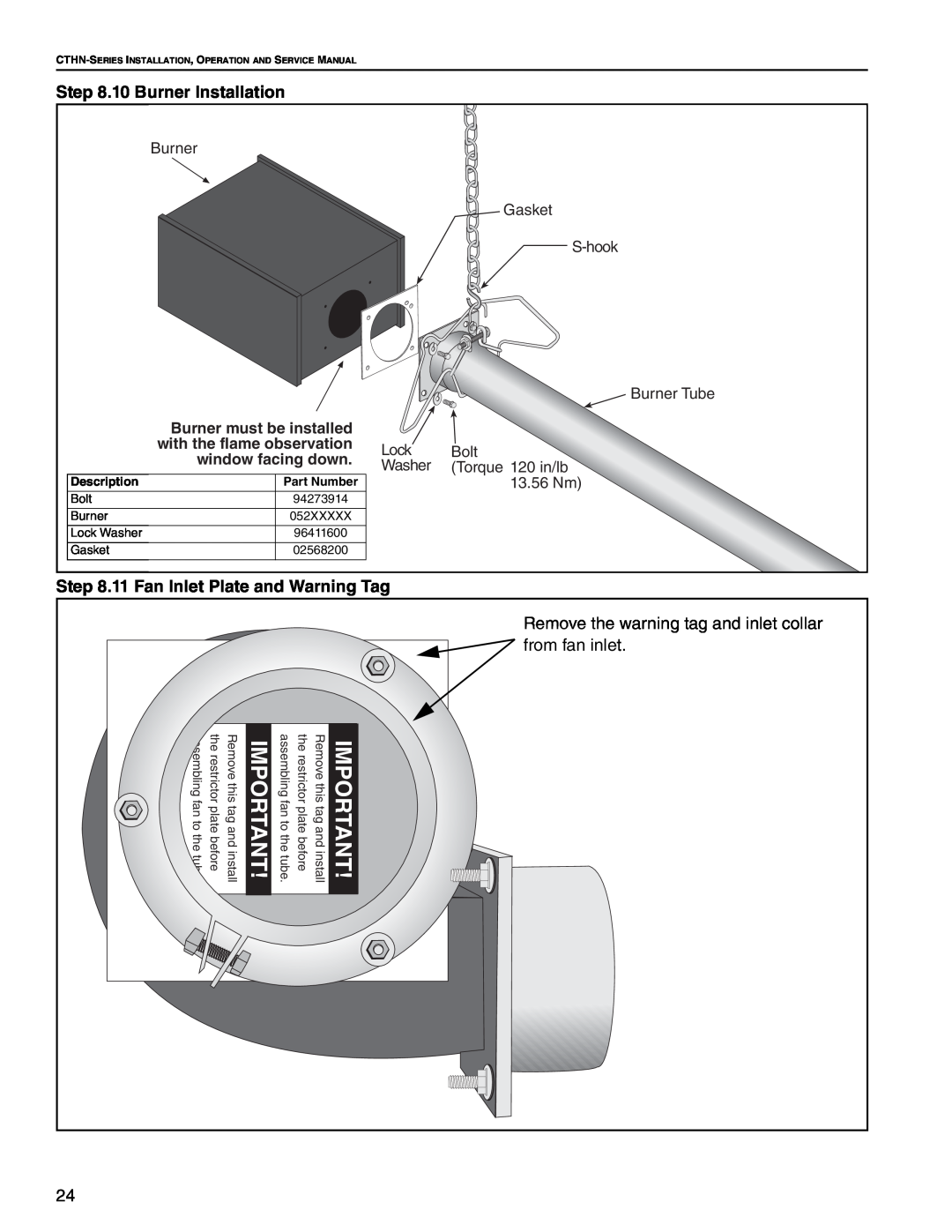 Roberts Gorden CTHN-150, CTHN-200 10 Burner Installation, 11 Fan Inlet Plate and Warning Tag, Description, Part Number 