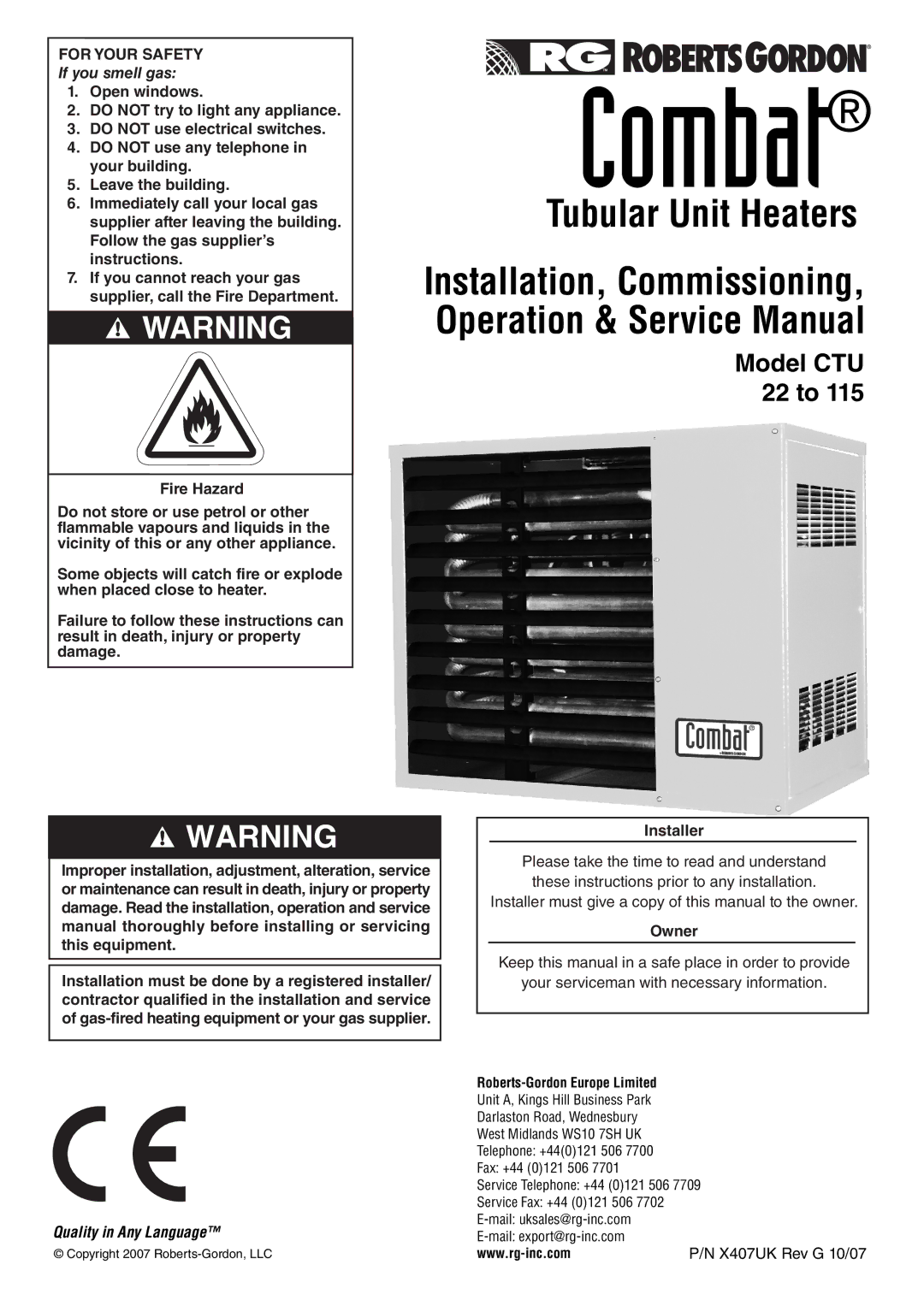 Roberts Gorden CTU 22 TO 115 service manual Immediately call your local gas, Supplier after leaving the building 