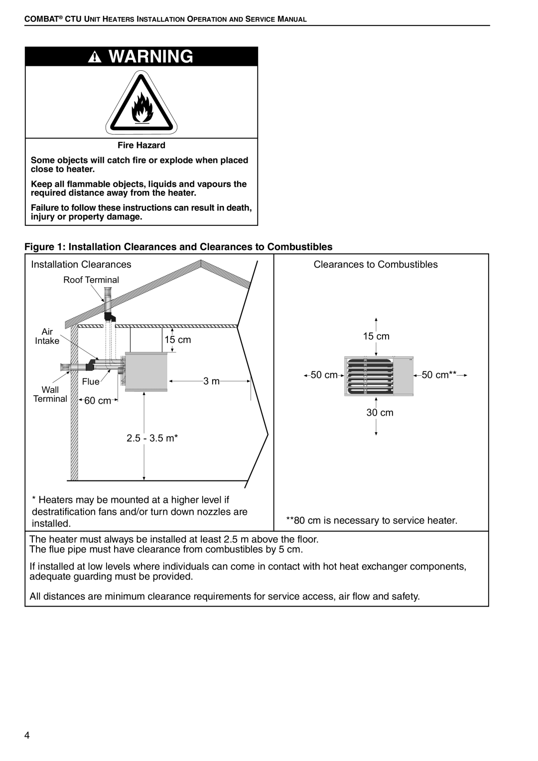 Roberts Gorden CTU 22 TO 115 service manual Installation Clearances and Clearances to Combustibles 