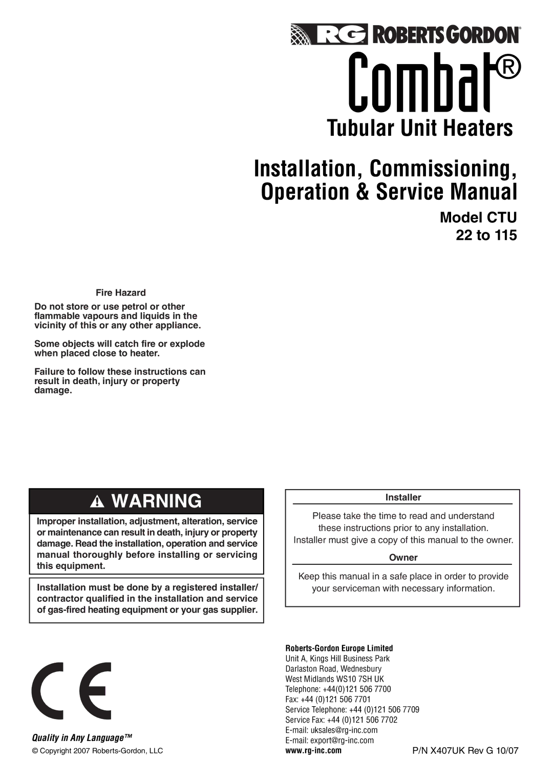 Roberts Gorden CTU 22 TO 115 service manual 