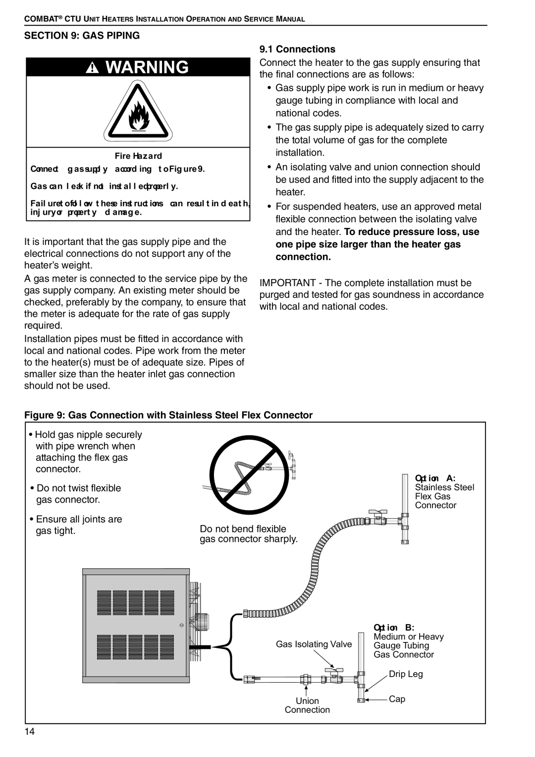 Roberts Gorden CTU 22 TO 115 service manual GAS Piping, Connections, Option a, Option B 