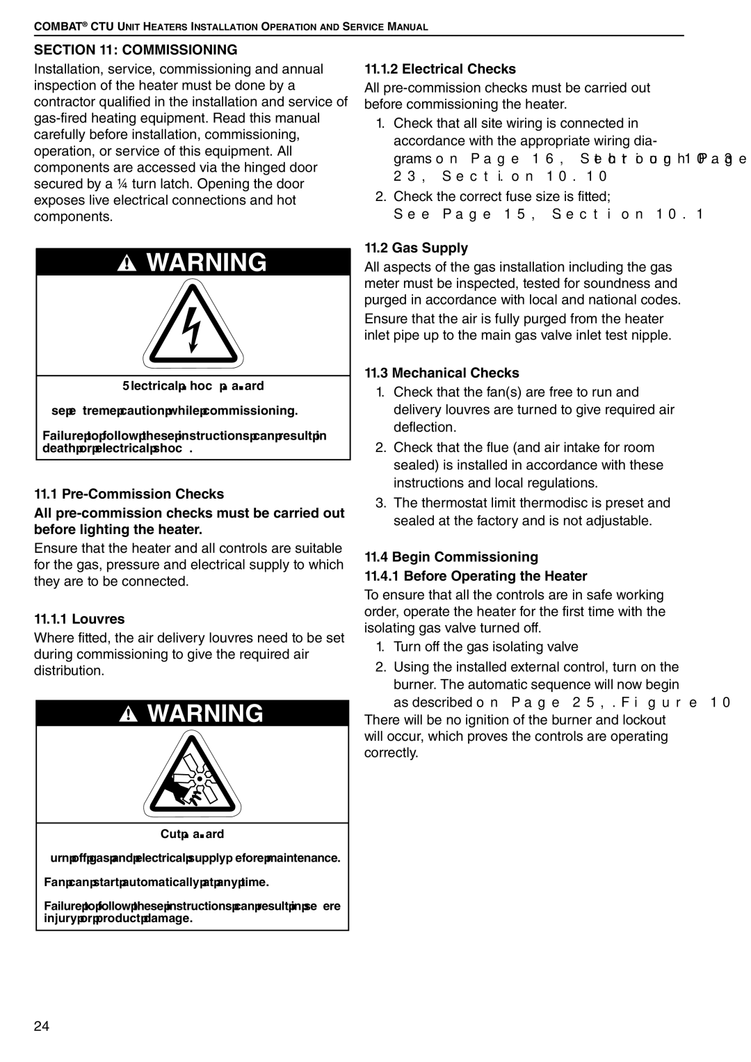 Roberts Gorden CTU 22 TO 115 service manual Commissioning, Louvres, Electrical Checks, Mechanical Checks 