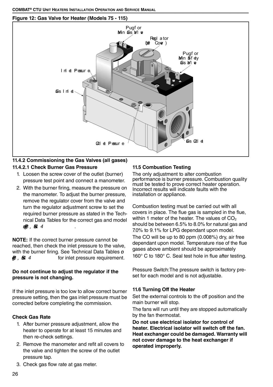 Roberts Gorden CTU 22 TO 115 service manual Check Gas Rate, Combustion Testing, Turning Off the Heater 