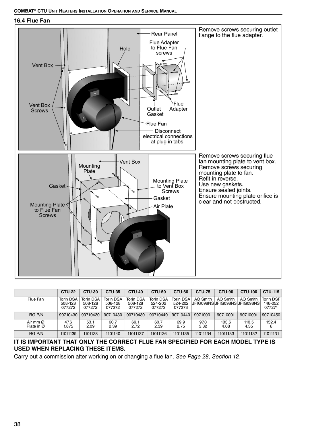 Roberts Gorden CTU 22 TO 115 service manual Remove screws securing outlet flange to the flue adapter 